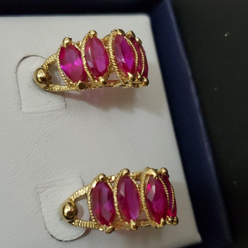Solid 14k Gold Ruby Red Marquise Stud Earrings - image 4